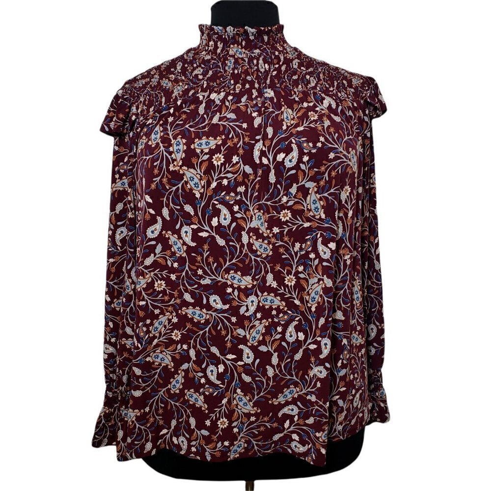 ☀ Est 1956 Red Floral Paisley Long Sleeve Mock Neck Pullover Blouse Size XL